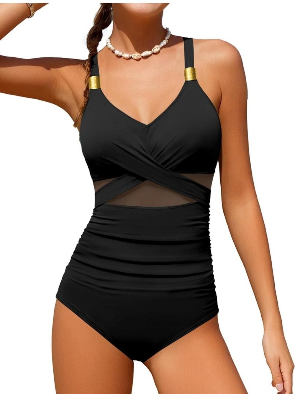 Junior's Black One-Piece Swimwear with Sheer Waist Accent, 16-19Y